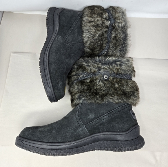 Minnetonka Womens Everett Boots Sz 7 Charcoal Suede Faux Fur Braided Suede Tie - Picture 6 of 14